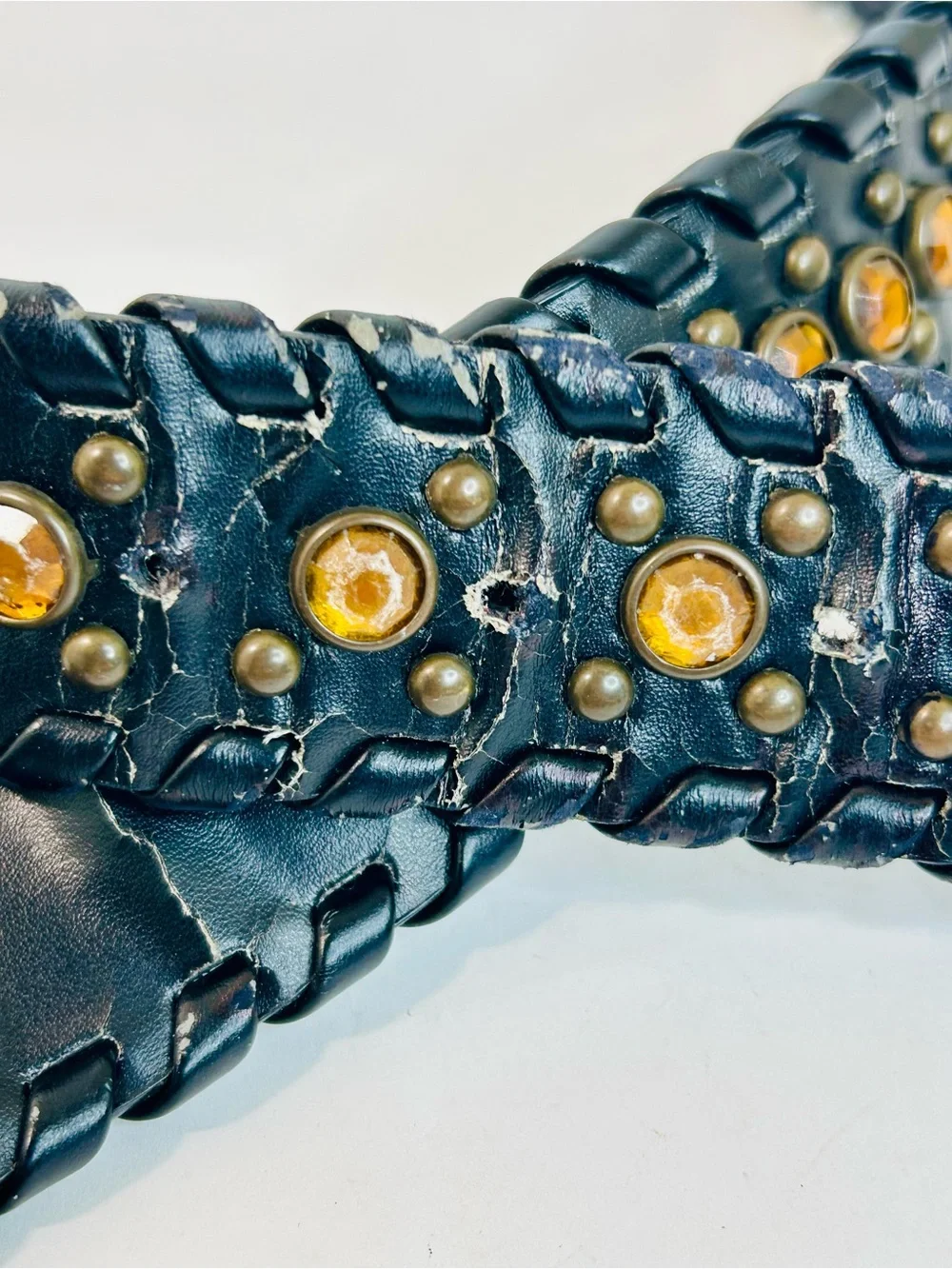Western Rhinestone Whipstitch Belt with Orange Stones and Black Faux Leather